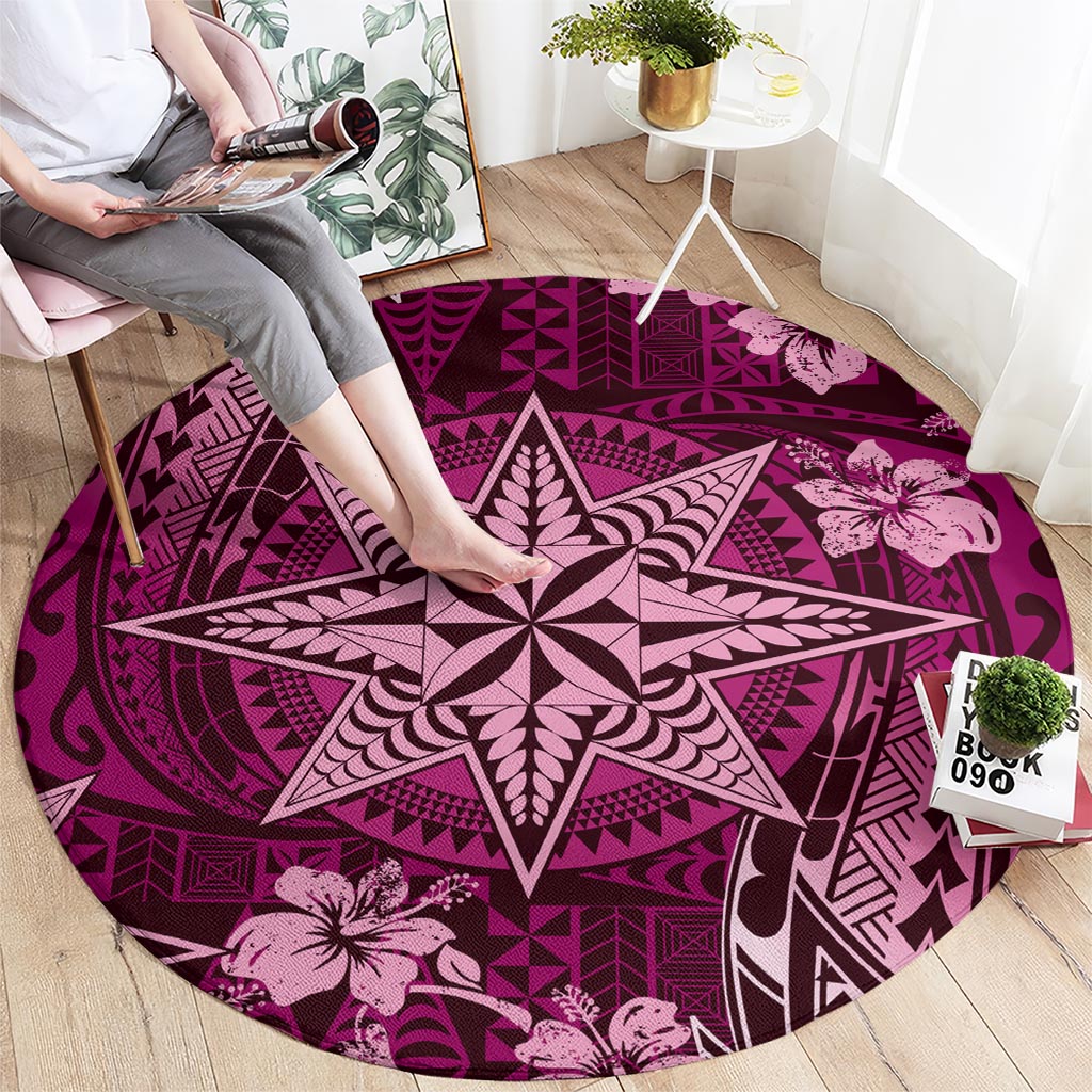Vintage Tonga Tribal Ngatu Pattern Round Carpet With Pacific Floral Pink Art LT9 - Polynesian Pride