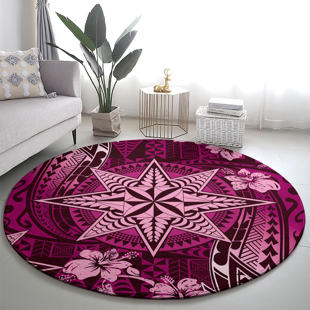 Vintage Tonga Tribal Ngatu Pattern Round Carpet With Pacific Floral Pink Art LT9 - Polynesian Pride