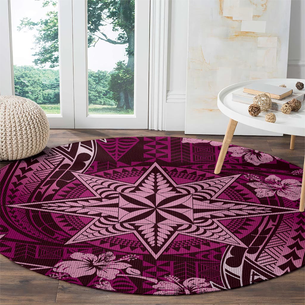 Vintage Tonga Tribal Ngatu Pattern Round Carpet With Pacific Floral Pink Art LT9 - Polynesian Pride