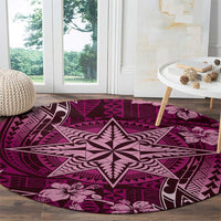 Vintage Tonga Tribal Ngatu Pattern Round Carpet With Pacific Floral Pink Art LT9 - Polynesian Pride