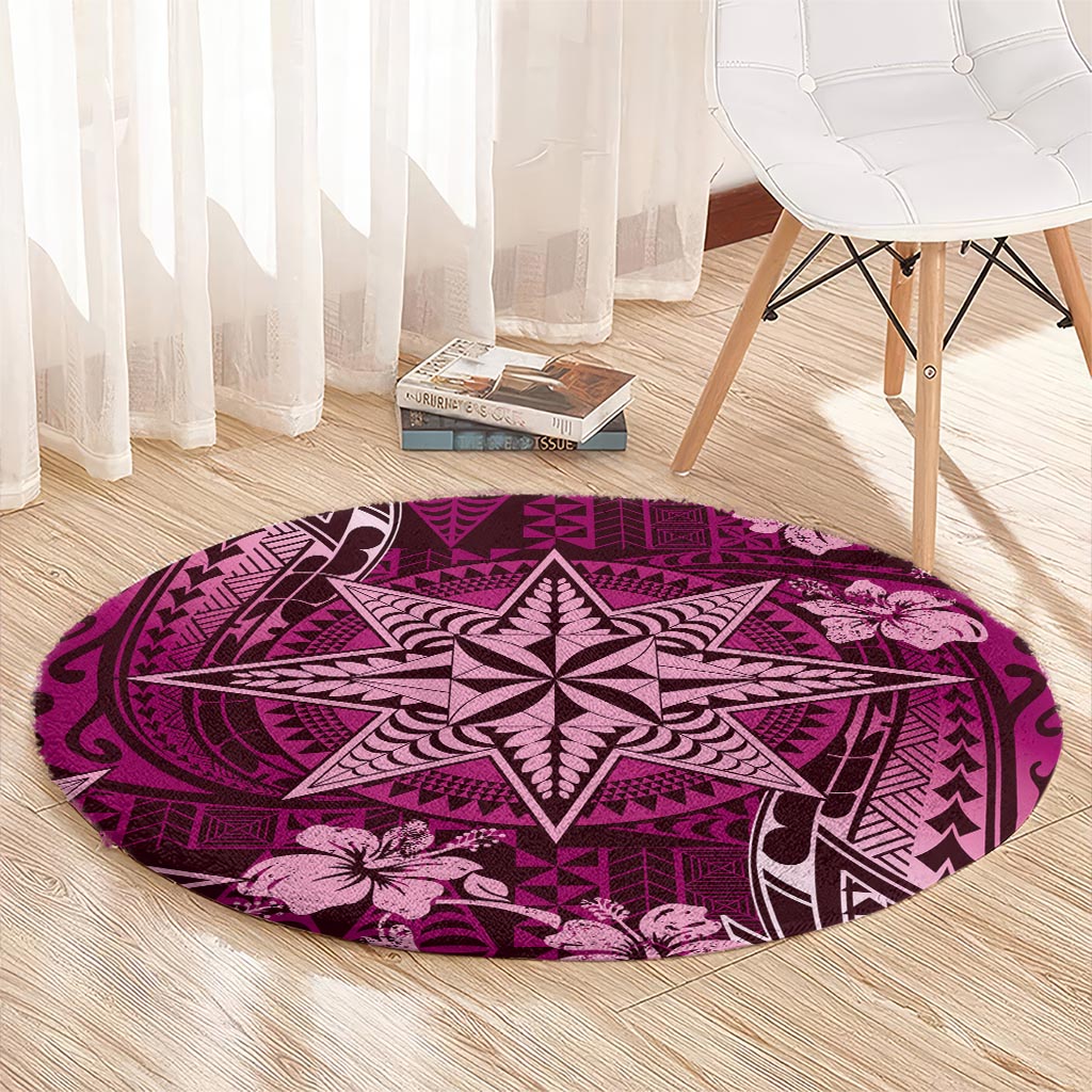 Vintage Tonga Tribal Ngatu Pattern Round Carpet With Pacific Floral Pink Art LT9 - Polynesian Pride