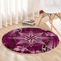 Vintage Tonga Tribal Ngatu Pattern Round Carpet With Pacific Floral Pink Art LT9 - Polynesian Pride