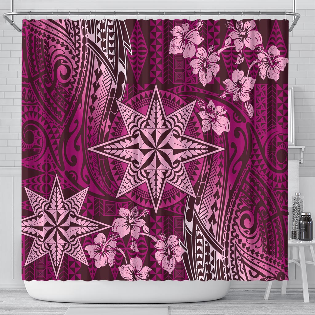 Vintage Tonga Tribal Ngatu Pattern Shower Curtain With Pacific Floral Pink Art LT9 - Polynesian Pride