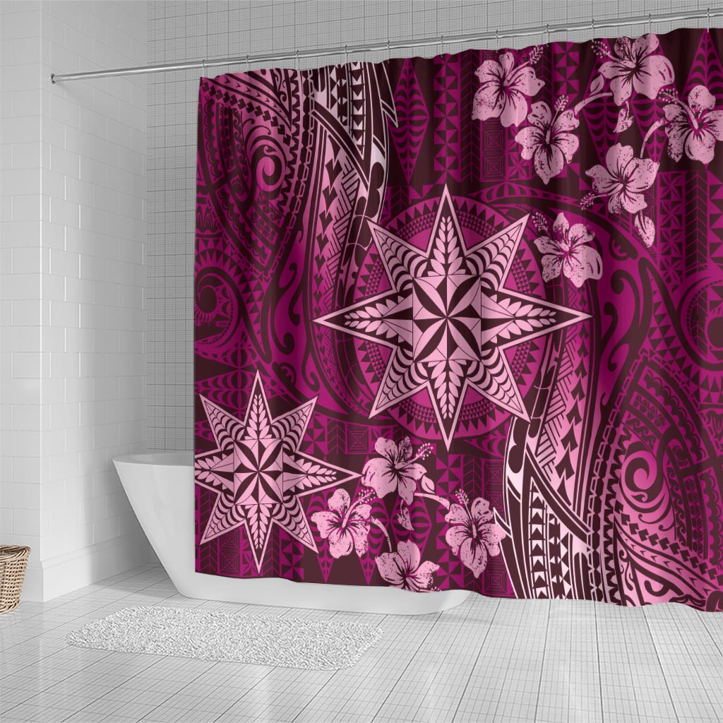 Vintage Tonga Tribal Ngatu Pattern Shower Curtain With Pacific Floral Pink Art LT9 - Polynesian Pride