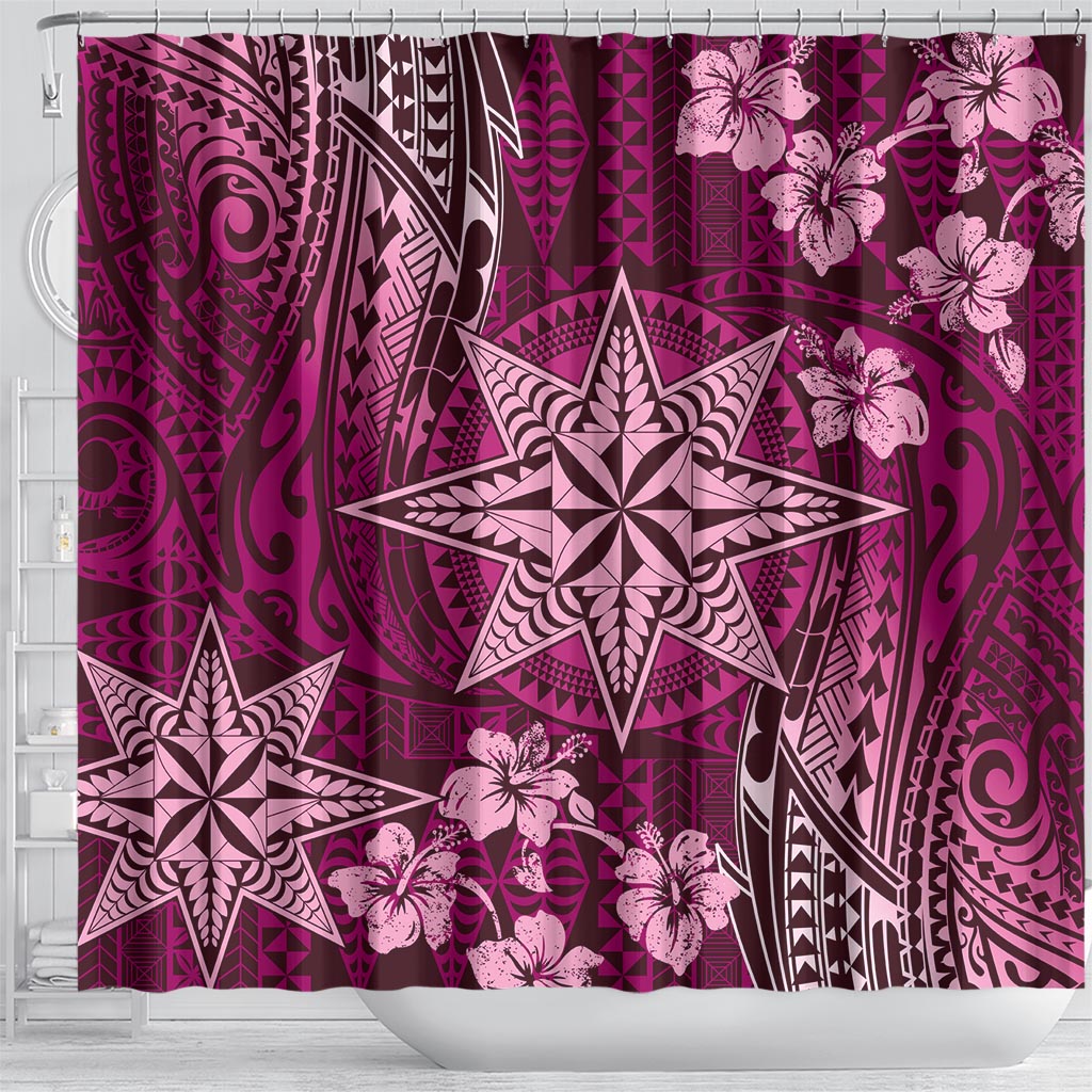 Vintage Tonga Tribal Ngatu Pattern Shower Curtain With Pacific Floral Pink Art LT9 - Polynesian Pride