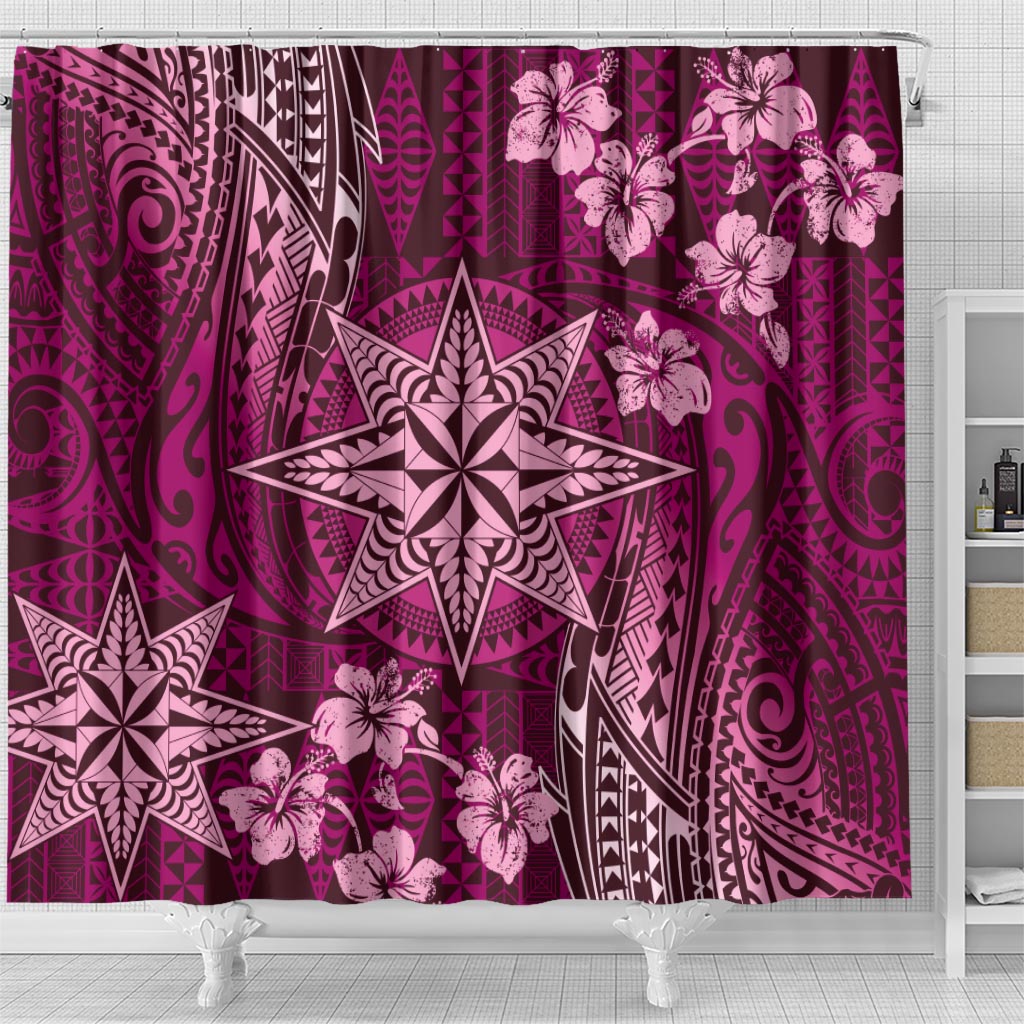 Vintage Tonga Tribal Ngatu Pattern Shower Curtain With Pacific Floral Pink Art LT9 - Polynesian Pride