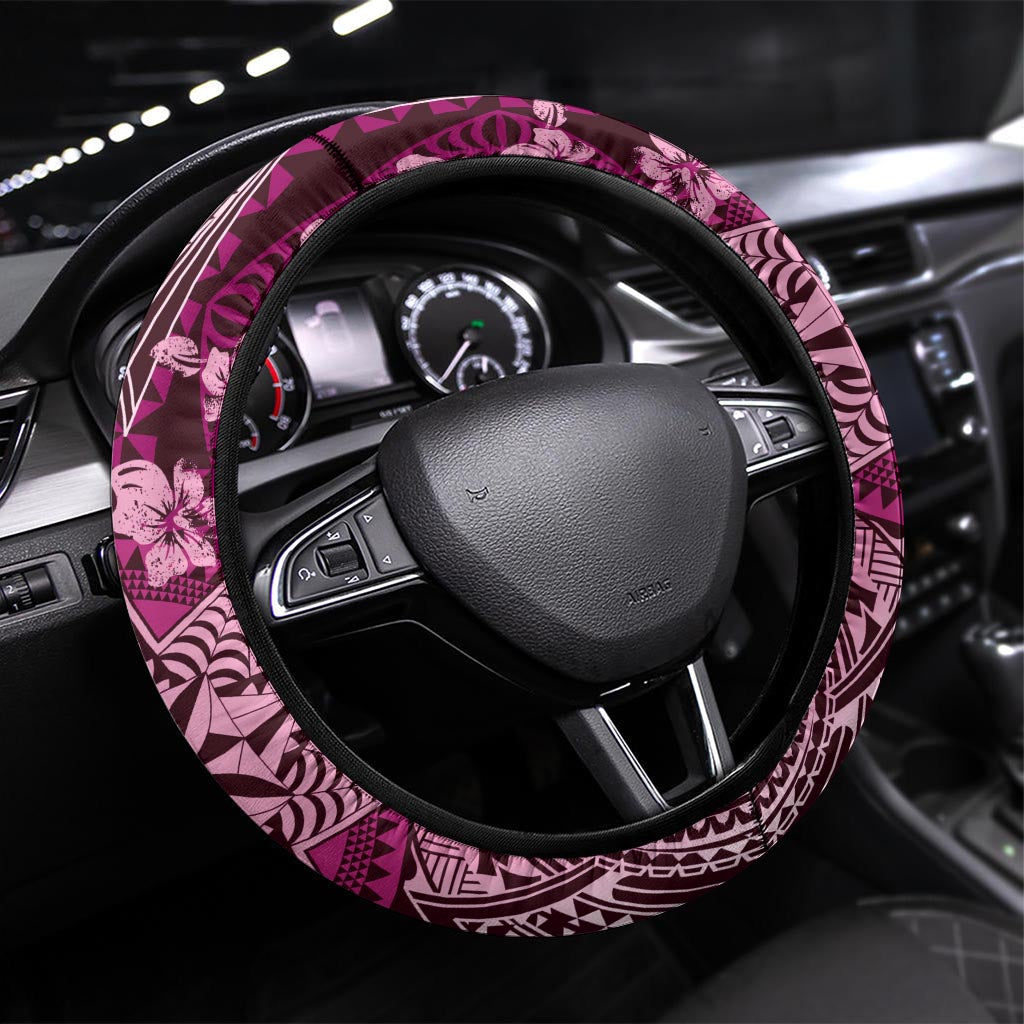 Vintage Tonga Tribal Ngatu Pattern Steering Wheel Cover With Pacific Floral Pink Art LT9 Universal Fit Pink - Polynesian Pride