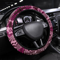 Vintage Tonga Tribal Ngatu Pattern Steering Wheel Cover With Pacific Floral Pink Art LT9 Universal Fit Pink - Polynesian Pride