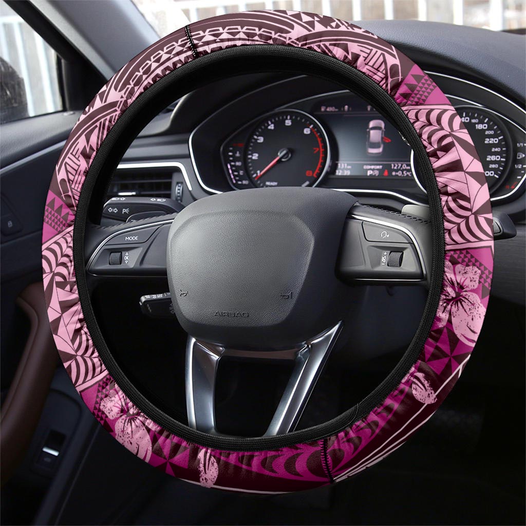 Vintage Tonga Tribal Ngatu Pattern Steering Wheel Cover With Pacific Floral Pink Art LT9 - Polynesian Pride