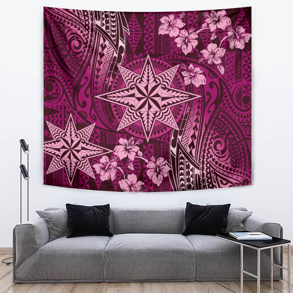 Vintage Tonga Tribal Ngatu Pattern Tapestry With Pacific Floral Pink Art LT9 Pink - Polynesian Pride