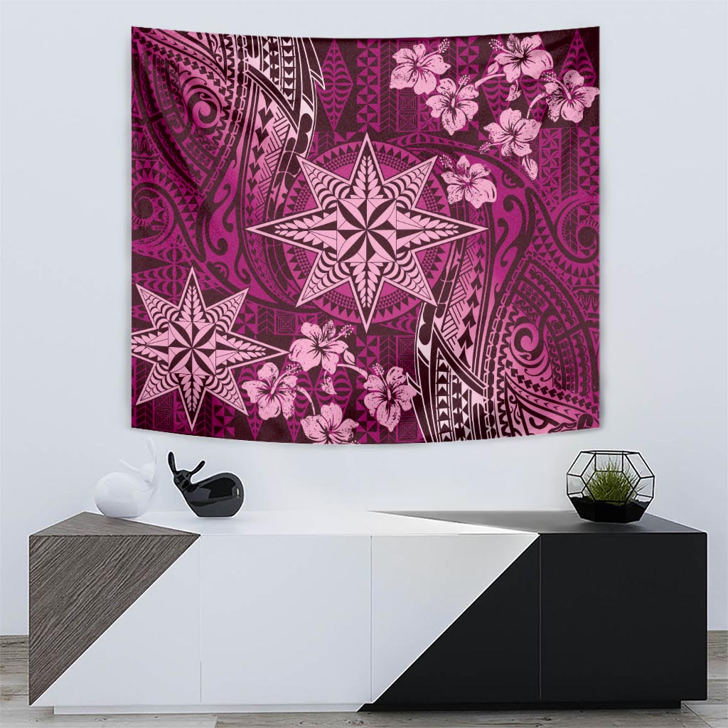 Vintage Tonga Tribal Ngatu Pattern Tapestry With Pacific Floral Pink Art LT9 - Polynesian Pride