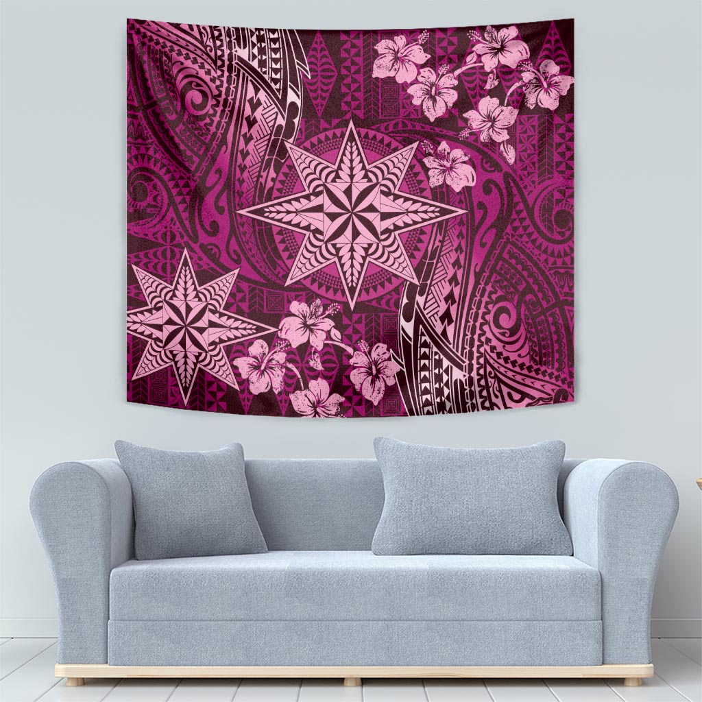 Vintage Tonga Tribal Ngatu Pattern Tapestry With Pacific Floral Pink Art LT9 - Polynesian Pride