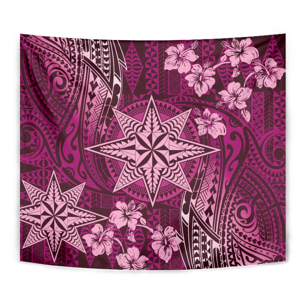 Vintage Tonga Tribal Ngatu Pattern Tapestry With Pacific Floral Pink Art LT9 - Polynesian Pride