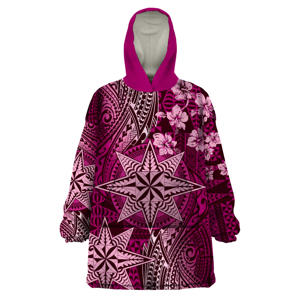 Vintage Tonga Tribal Ngatu Pattern Wearable Blanket Hoodie With Pacific Floral Pink Art