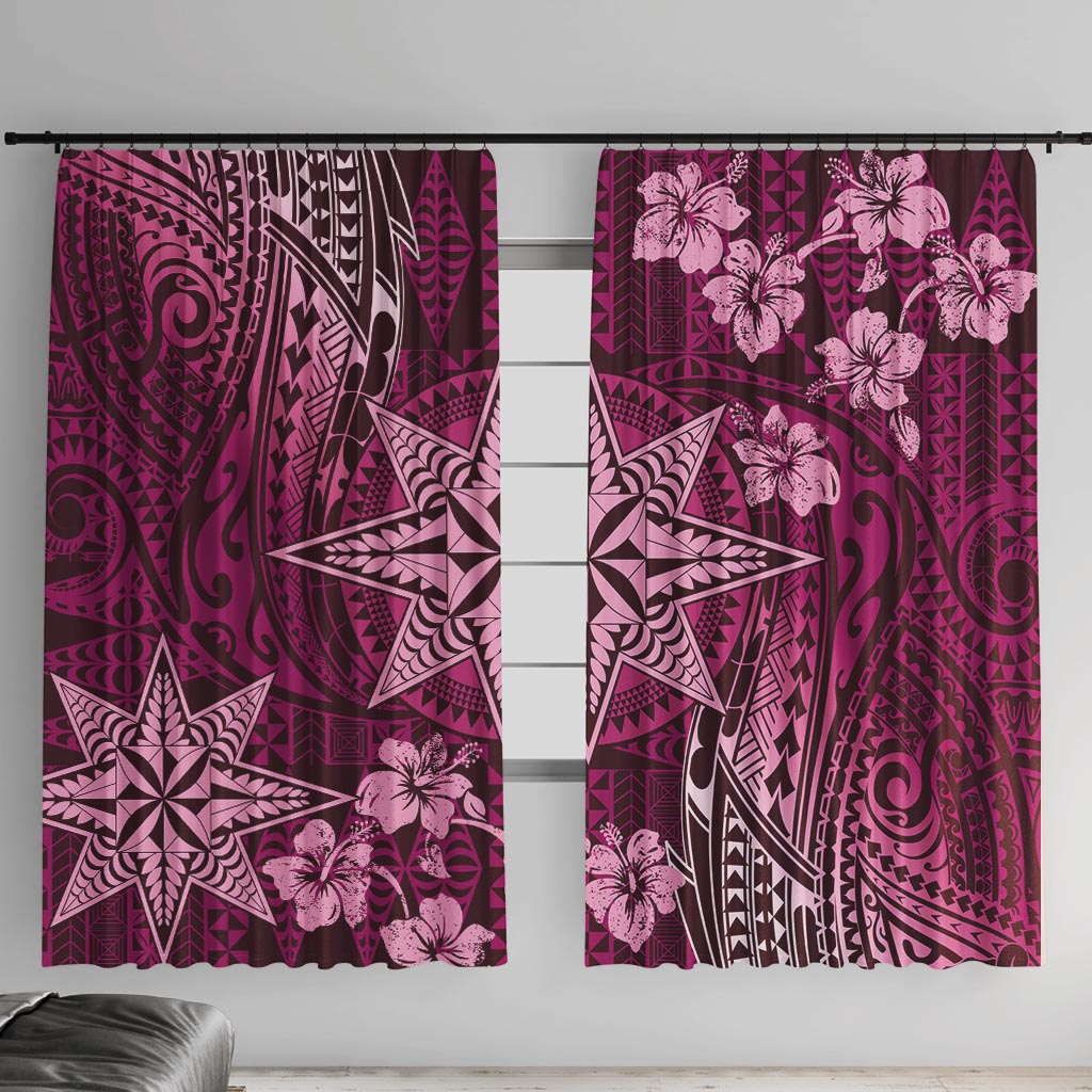 Vintage Tonga Tribal Ngatu Pattern Window Curtain With Pacific Floral Pink Art LT9 With Hooks Pink - Polynesian Pride