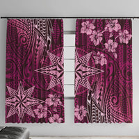 Vintage Tonga Tribal Ngatu Pattern Window Curtain With Pacific Floral Pink Art LT9 With Hooks Pink - Polynesian Pride
