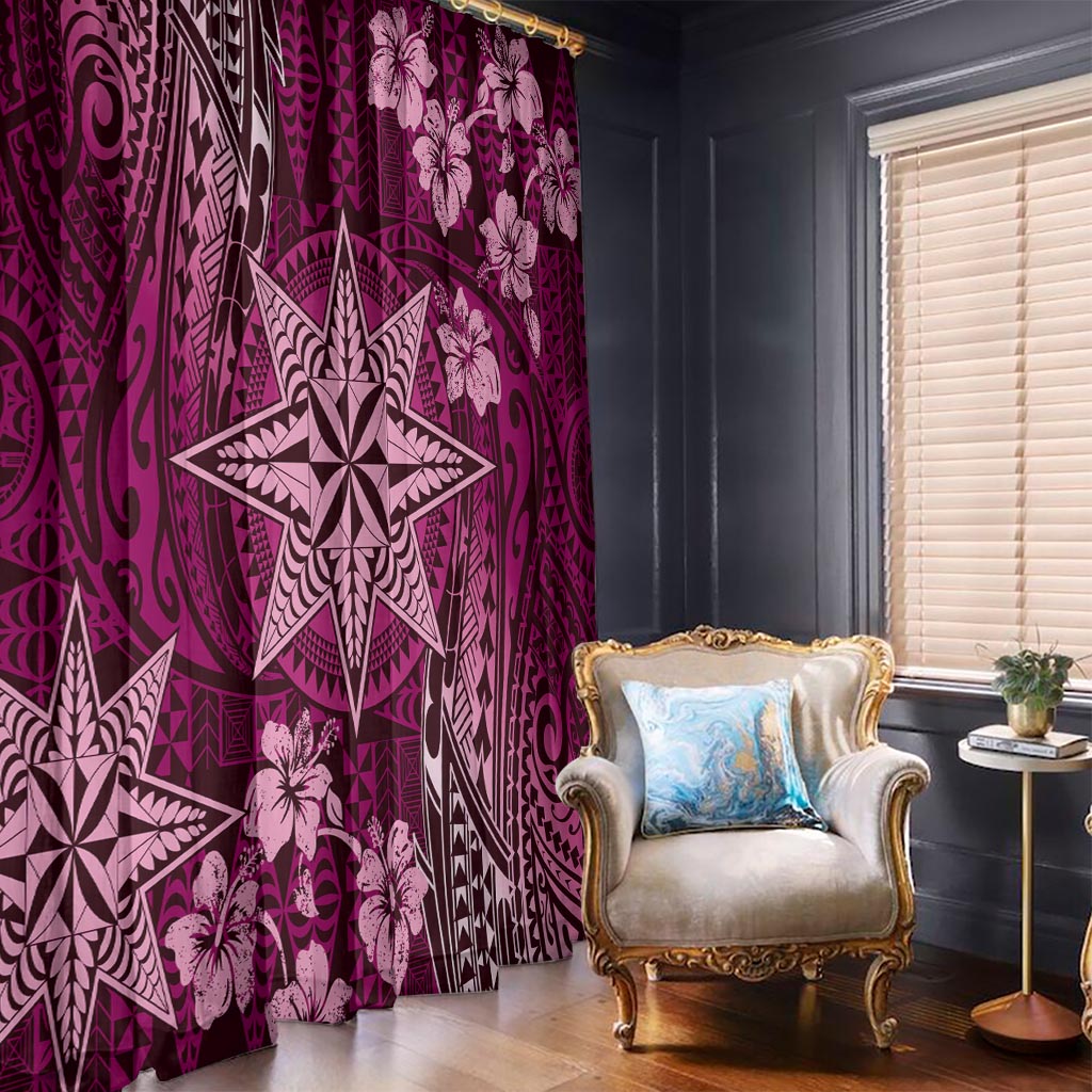 Vintage Tonga Tribal Ngatu Pattern Window Curtain With Pacific Floral Pink Art LT9 - Polynesian Pride