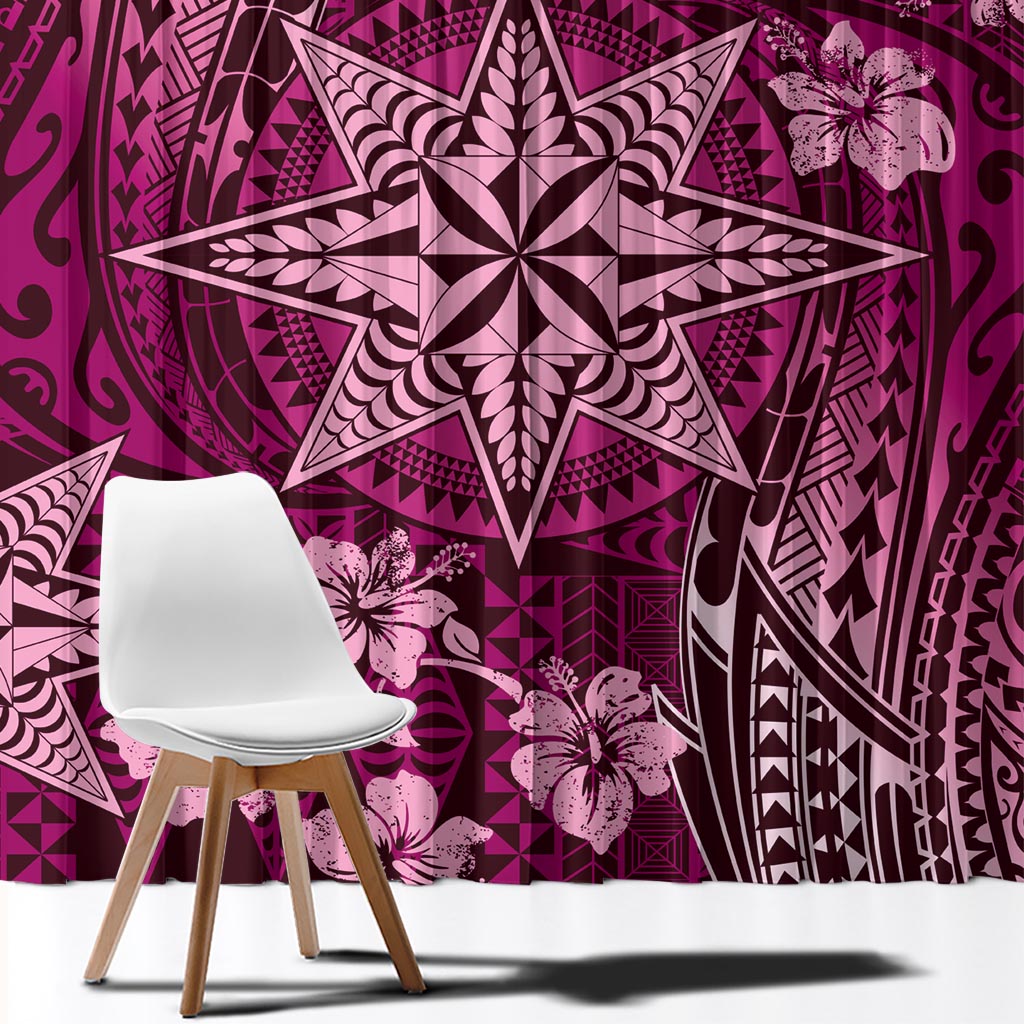 Vintage Tonga Tribal Ngatu Pattern Window Curtain With Pacific Floral Pink Art LT9 - Polynesian Pride