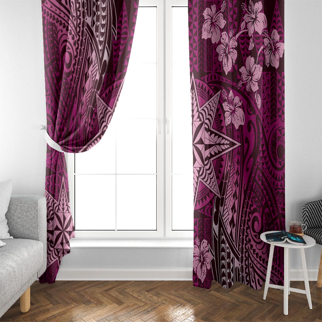 Vintage Tonga Tribal Ngatu Pattern Window Curtain With Pacific Floral Pink Art LT9 - Polynesian Pride