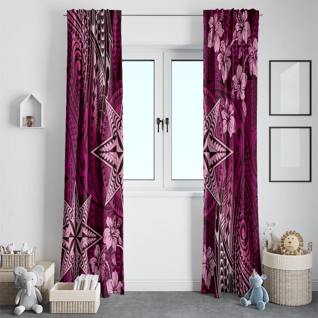 Vintage Tonga Tribal Ngatu Pattern Window Curtain With Pacific Floral Pink Art LT9 - Polynesian Pride