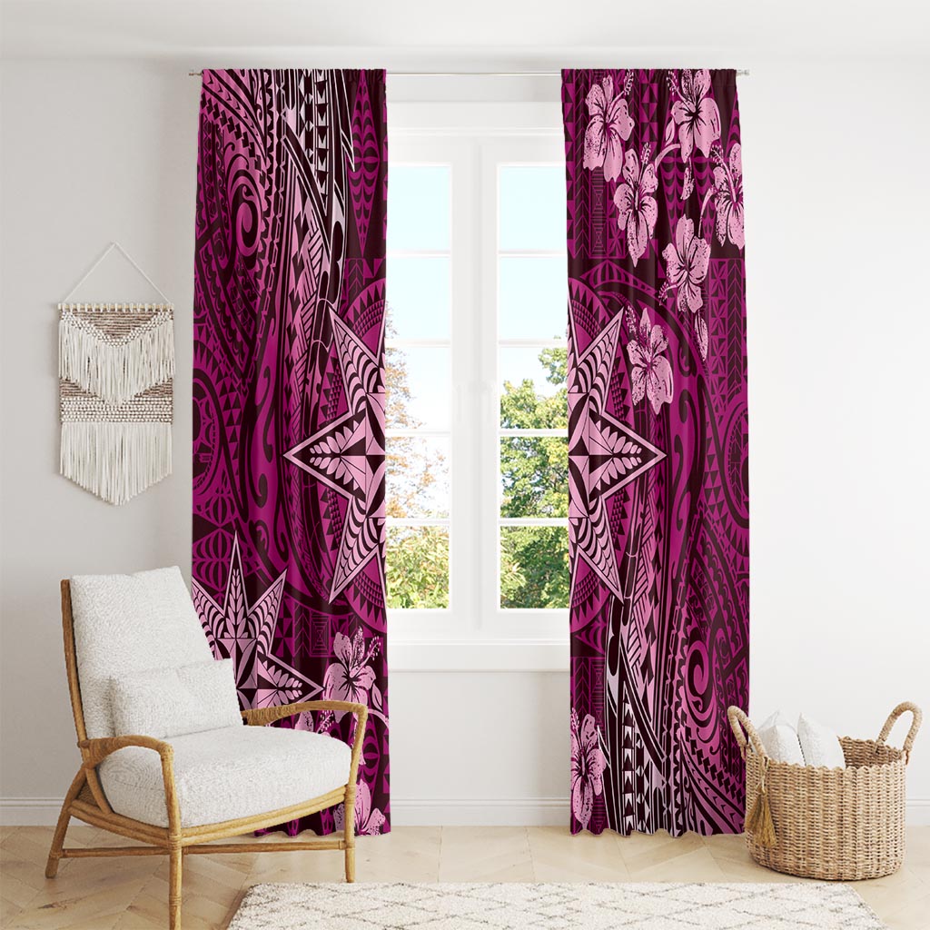 Vintage Tonga Tribal Ngatu Pattern Window Curtain With Pacific Floral Pink Art LT9 - Polynesian Pride