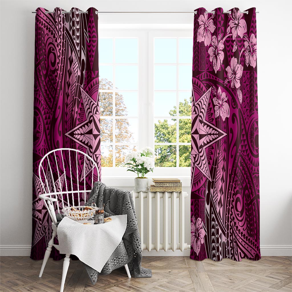 Vintage Tonga Tribal Ngatu Pattern Window Curtain With Pacific Floral Pink Art LT9 - Polynesian Pride