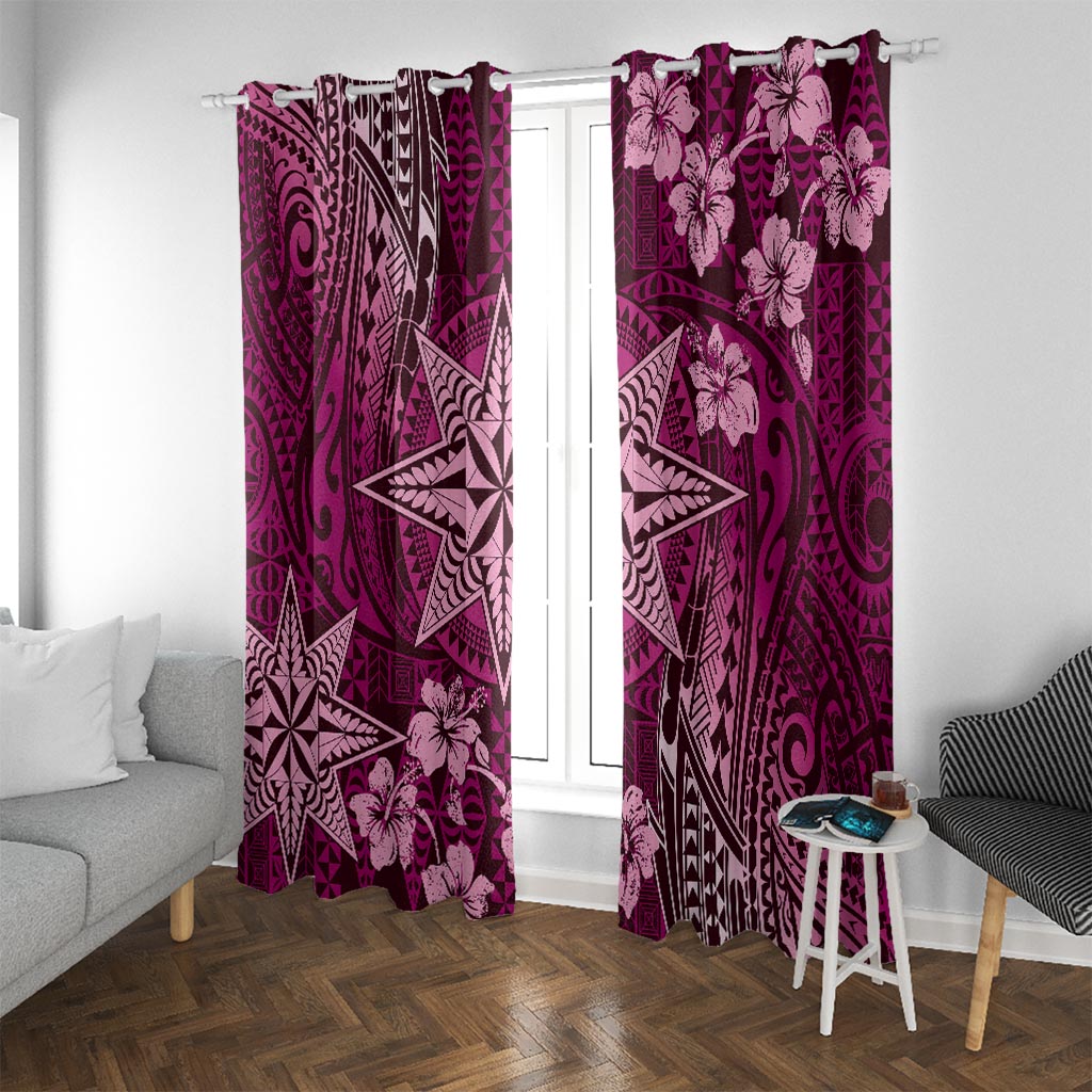 Vintage Tonga Tribal Ngatu Pattern Window Curtain With Pacific Floral Pink Art LT9 With Grommets Pink - Polynesian Pride
