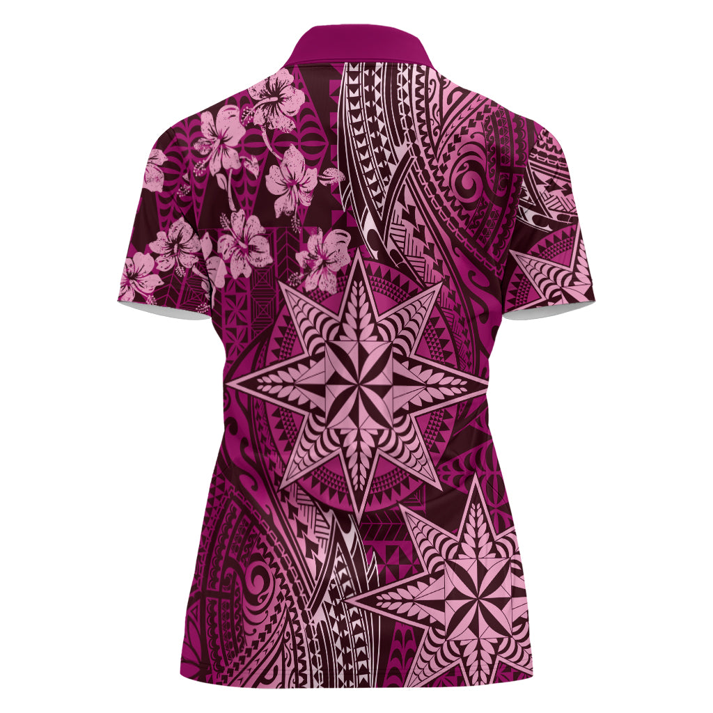 Vintage Tonga Tribal Ngatu Pattern Women Polo Shirt With Pacific Floral Pink Art LT9 - Polynesian Pride