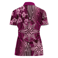 Vintage Tonga Tribal Ngatu Pattern Women Polo Shirt With Pacific Floral Pink Art LT9 - Polynesian Pride