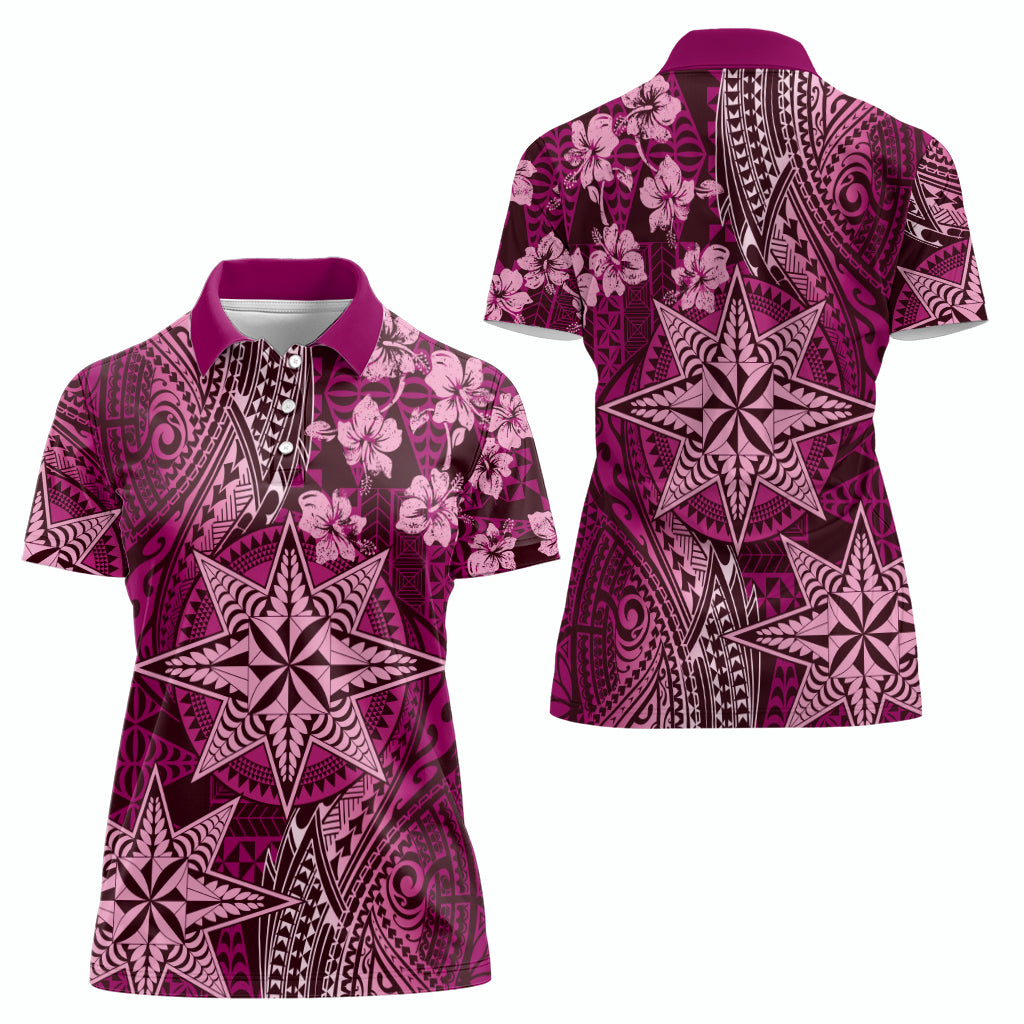 Vintage Tonga Tribal Ngatu Pattern Women Polo Shirt With Pacific Floral Pink Art LT9 - Polynesian Pride