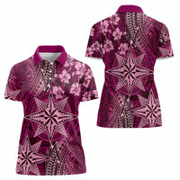 Vintage Tonga Tribal Ngatu Pattern Women Polo Shirt With Pacific Floral Pink Art LT9 - Polynesian Pride