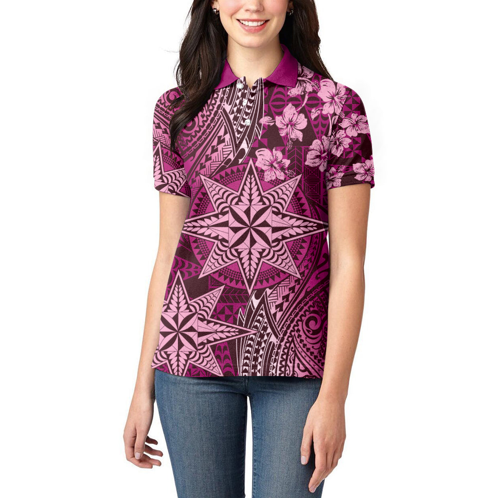 Vintage Tonga Tribal Ngatu Pattern Women Polo Shirt With Pacific Floral Pink Art LT9 - Polynesian Pride