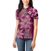 Vintage Tonga Tribal Ngatu Pattern Women Polo Shirt With Pacific Floral Pink Art LT9 - Polynesian Pride
