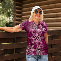 Vintage Tonga Tribal Ngatu Pattern Women Polo Shirt With Pacific Floral Pink Art LT9 - Polynesian Pride
