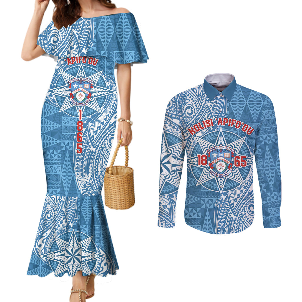 Personalised Tonga Apifo'ou College Couples Matching Mermaid Dress and Long Sleeve Button Shirt Since 1865 Special Kupesi Pattern