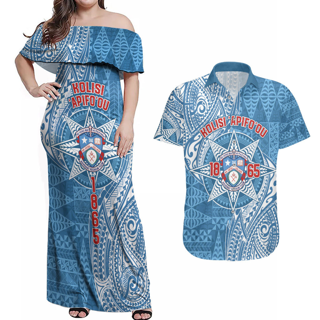 Personalised Tonga Apifo'ou College Couples Matching Off Shoulder Maxi Dress and Hawaiian Shirt Since 1865 Special Kupesi Pattern