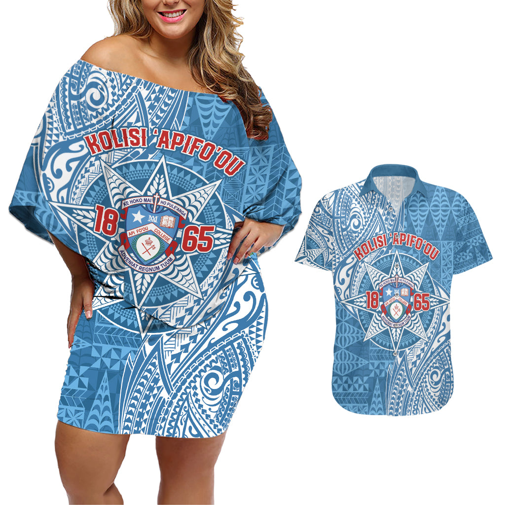 Personalised Tonga Apifo'ou College Couples Matching Off Shoulder Short Dress and Hawaiian Shirt Since 1865 Special Kupesi Pattern