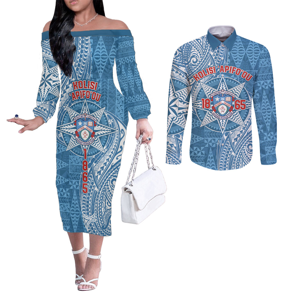 Personalised Tonga Apifo'ou College Couples Matching Off The Shoulder Long Sleeve Dress and Long Sleeve Button Shirt Since 1865 Special Kupesi Pattern