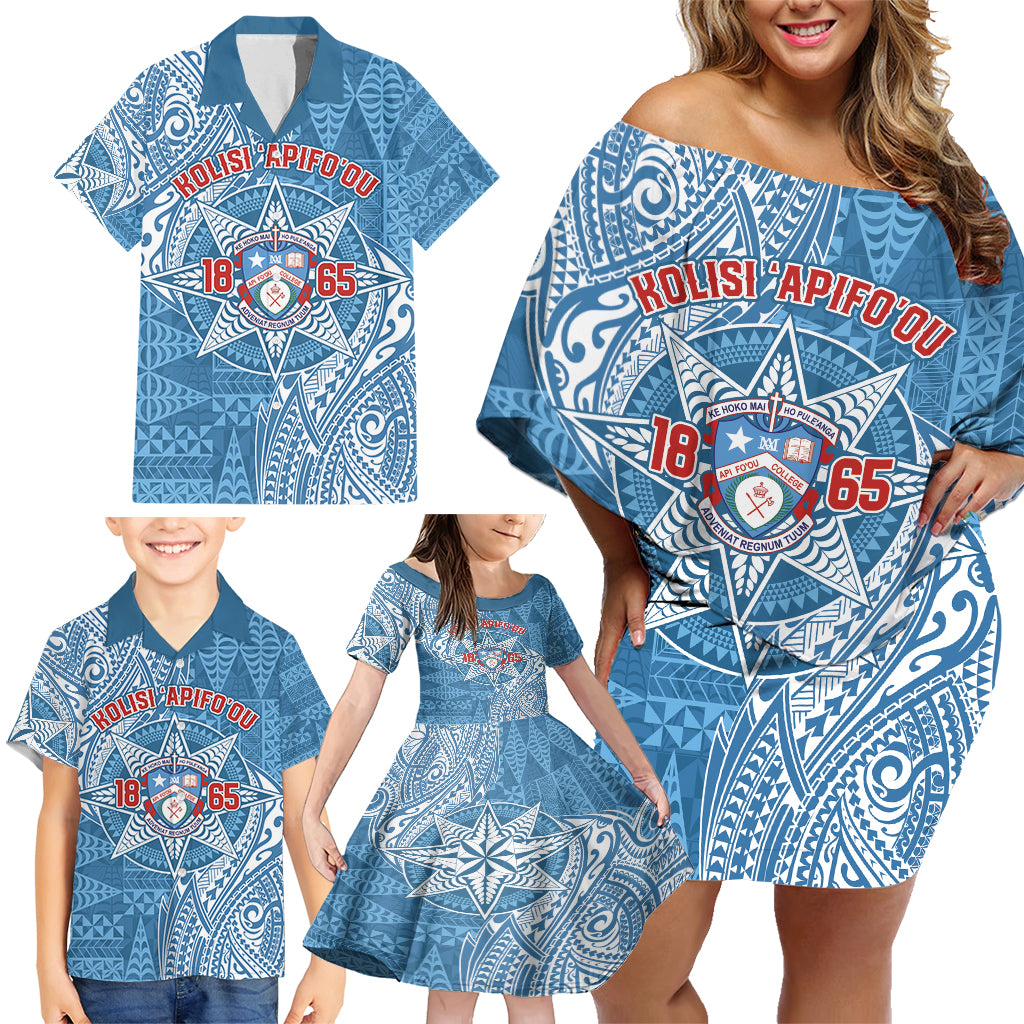 Personalised Tonga Apifo'ou College Family Matching Off Shoulder Short Dress and Hawaiian Shirt Since 1865 Special Kupesi Pattern