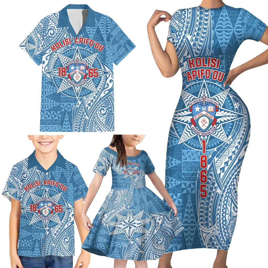 Personalised Tonga Apifo'ou College Family Matching Short Sleeve Bodycon Dress and Hawaiian Shirt Since 1865 Special Kupesi Pattern