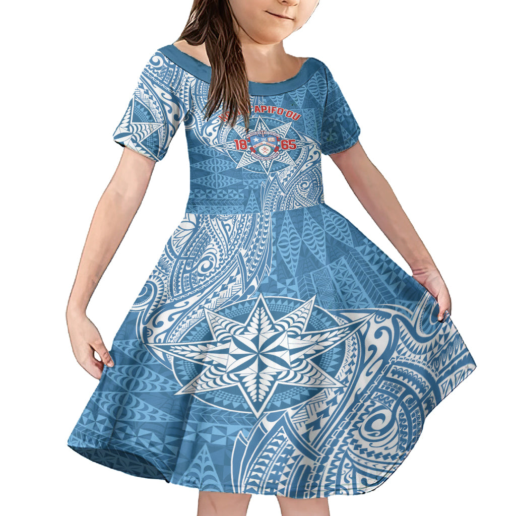 Personalised Tonga Apifo'ou College Kid Short Sleeve Dress Since 1865 Special Kupesi Pattern LT9 KID Blue - Polynesian Pride