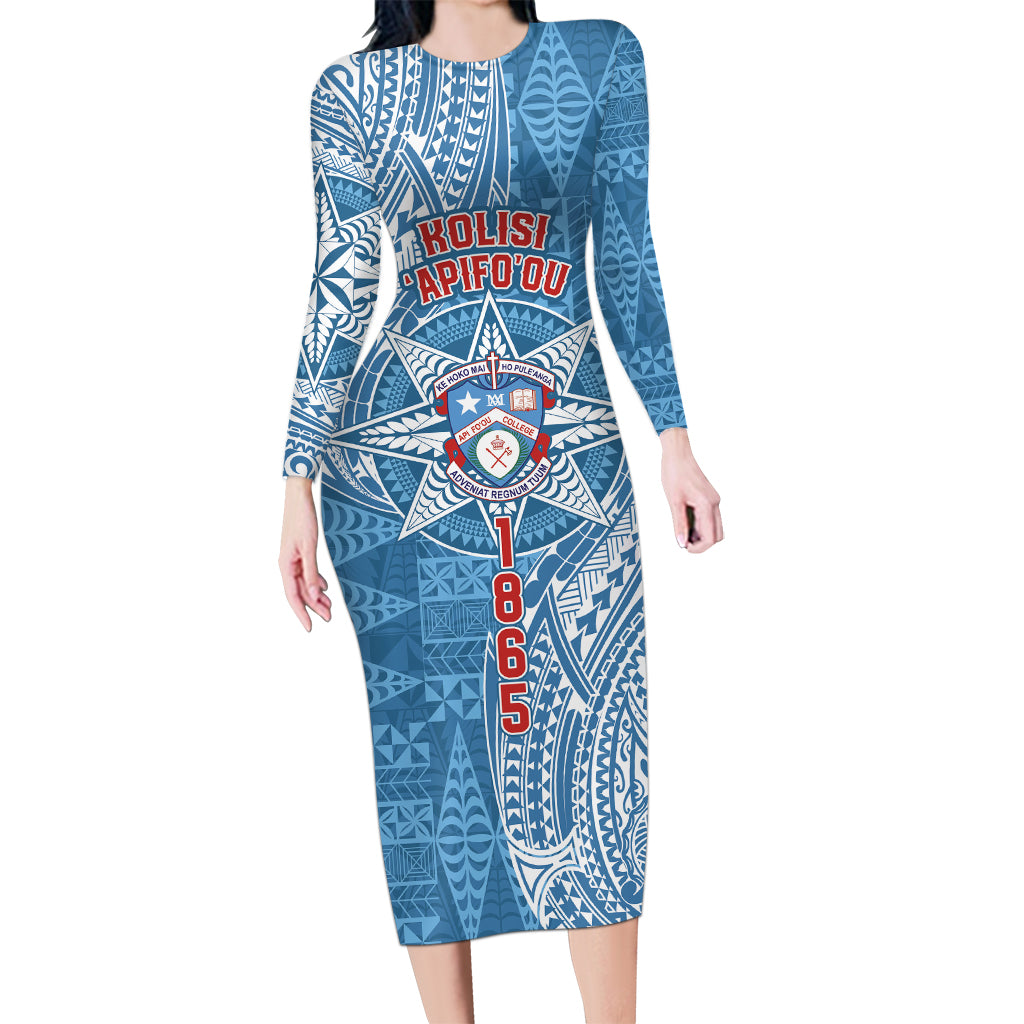 Personalised Tonga Apifo'ou College Long Sleeve Bodycon Dress Since 1865 Special Kupesi Pattern