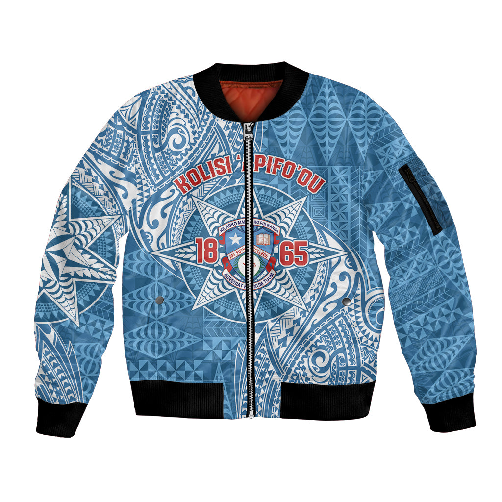 Personalised Tonga Apifo'ou College Sleeve Zip Bomber Jacket Since 1865 Special Kupesi Pattern LT9 Unisex Blue - Polynesian Pride