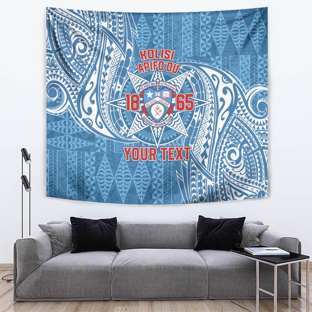 Personalised Tonga Apifo'ou College Tapestry Since 1865 Special Kupesi Pattern LT9 Blue - Polynesian Pride