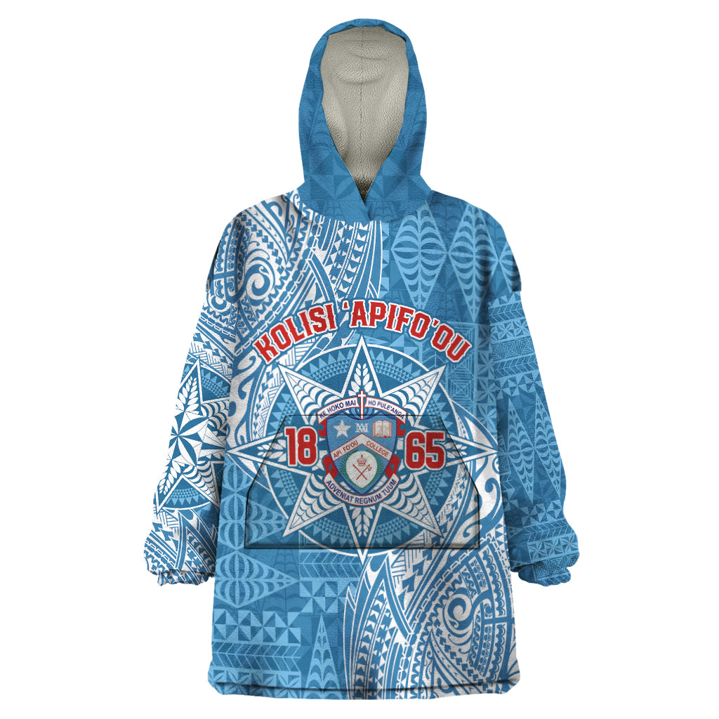 Personalised Tonga Apifo'ou College Wearable Blanket Hoodie Since 1865 Special Kupesi Pattern LT9 One Size Blue - Polynesian Pride