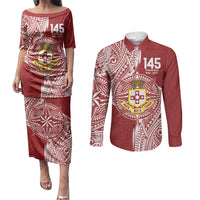 Personalised Kolisi Tonga Atele 145th Anniversary Couples Matching Puletasi and Long Sleeve Button Shirt Special Kupesi Pattern LT9 White - Polynesian Pride
