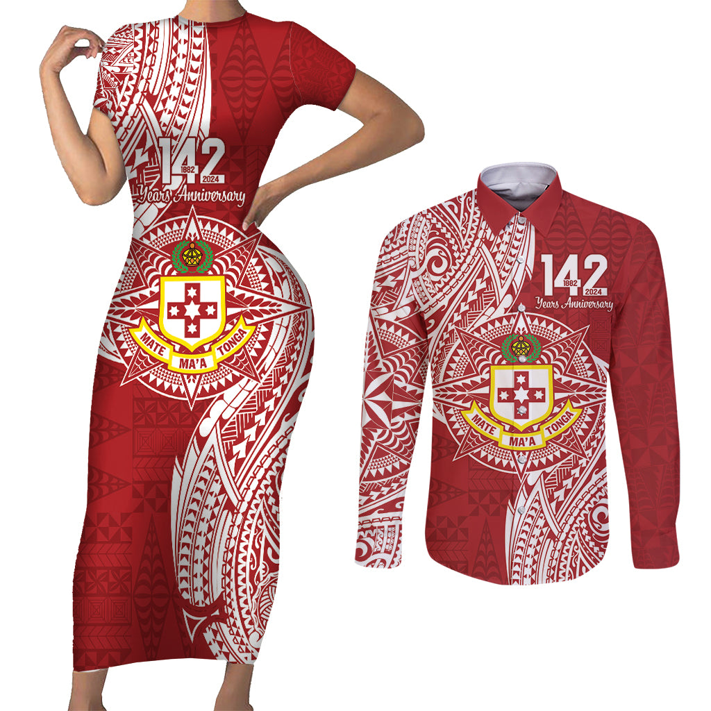 Personalised Kolisi Tonga Atele 142nd Anniversary Couples Matching Short Sleeve Bodycon Dress and Long Sleeve Button Shirt Special Kupesi Pattern