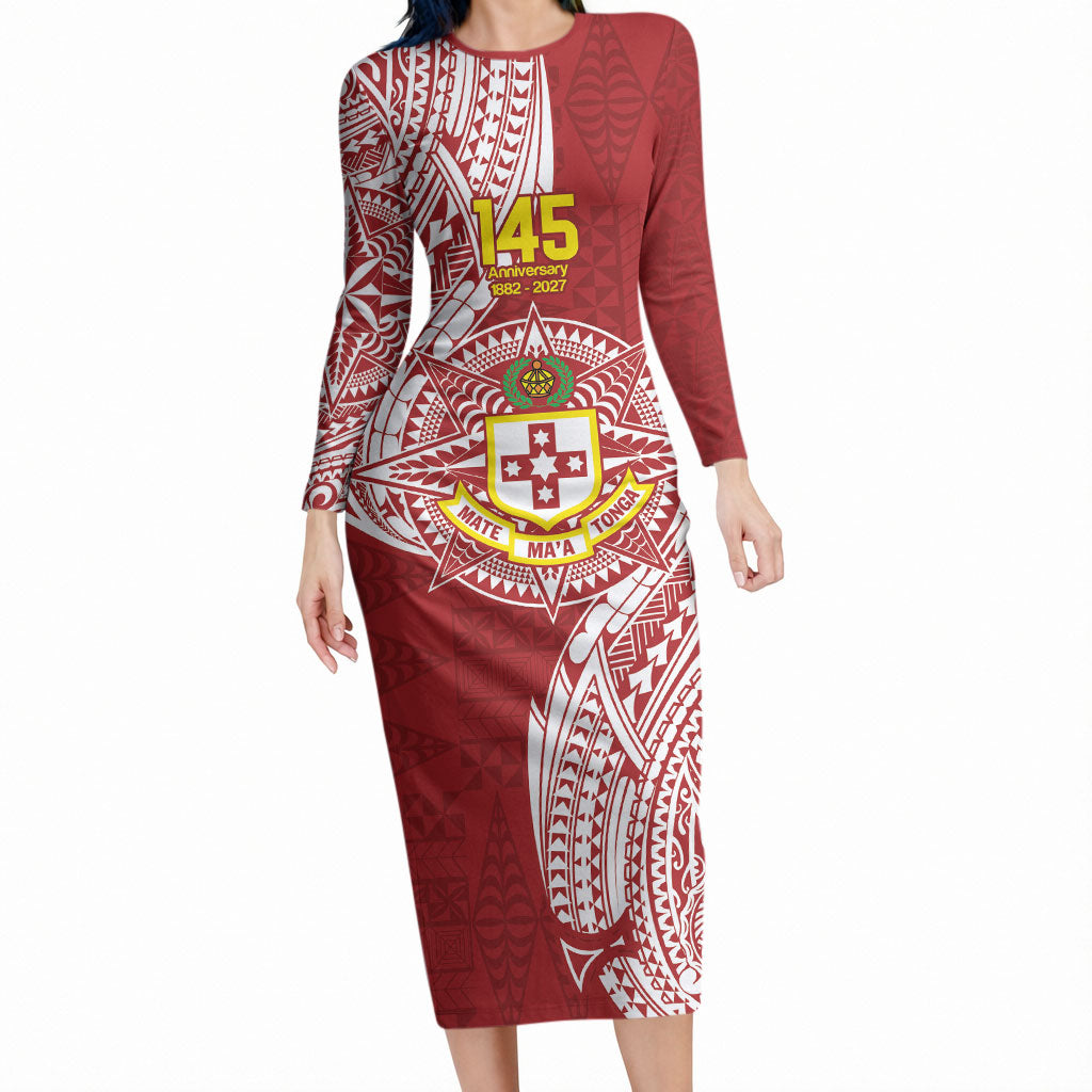 Personalised Kolisi Tonga Atele 145th Anniversary Long Sleeve Bodycon Dress Special Kupesi Pattern LT9 Long Dress White - Polynesian Pride