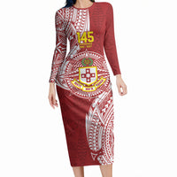 Personalised Kolisi Tonga Atele 145th Anniversary Long Sleeve Bodycon Dress Special Kupesi Pattern LT9 Long Dress White - Polynesian Pride