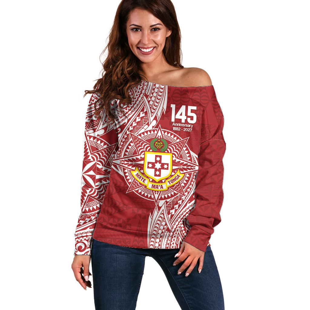 Personalised Kolisi Tonga Atele 145th Anniversary Off Shoulder Sweater Special Kupesi Pattern LT9 Women White - Polynesian Pride